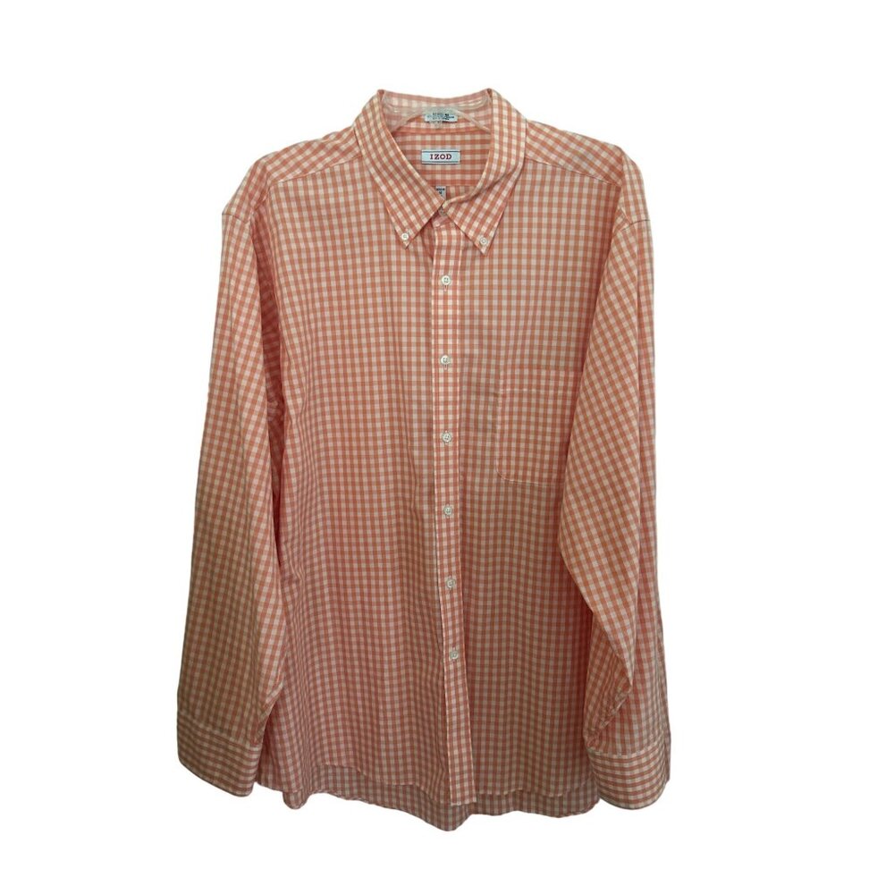 Izod Wrinkle-Free Orange Gingham Button-Down Shirt Regular Fit Size 18 34/35